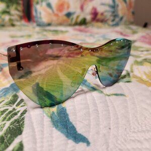 Betsey Johnson Iridescent Shield Sunglasses With Faux Diamonds